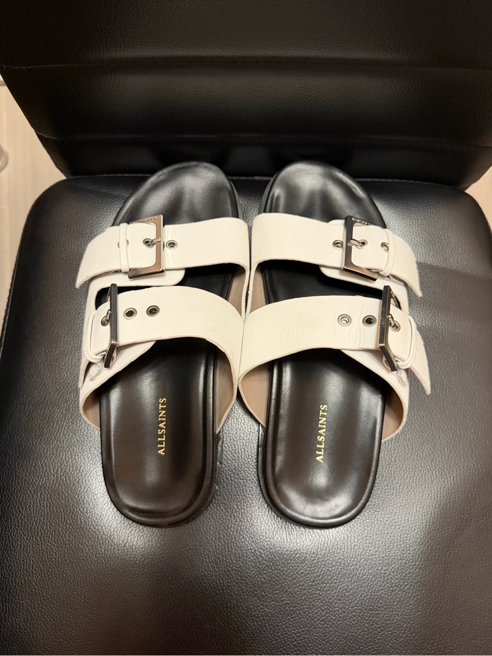 AllSaints Double Buckle Leather Slide Mules in white and Black